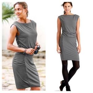 Athleta Gray Micro Stripe Westwood Ruched Dress